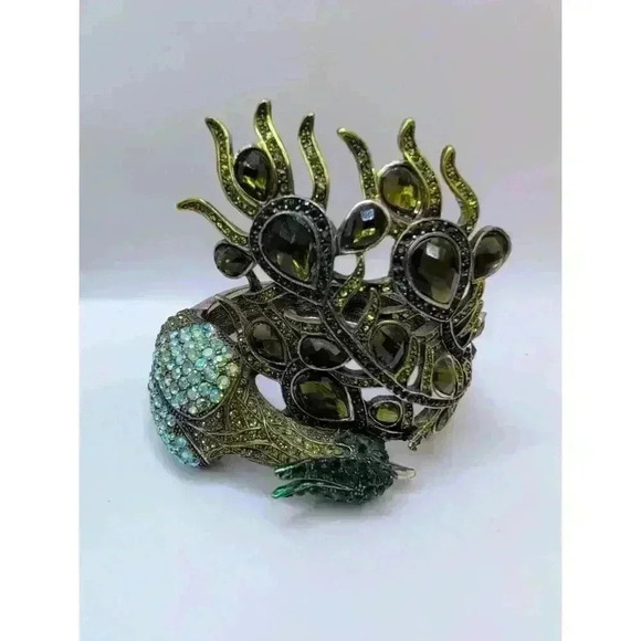 Peacock Design Rhinestone Silvertoned Clamper Cuff Bracelet Adjustable - Picture 3 of 12
